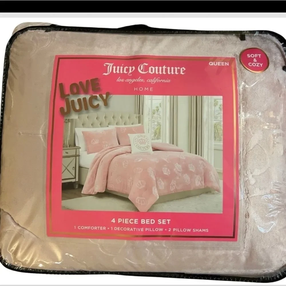 Juicy Couture Logo Crown Plush Velour 4-Piece King Bed Set